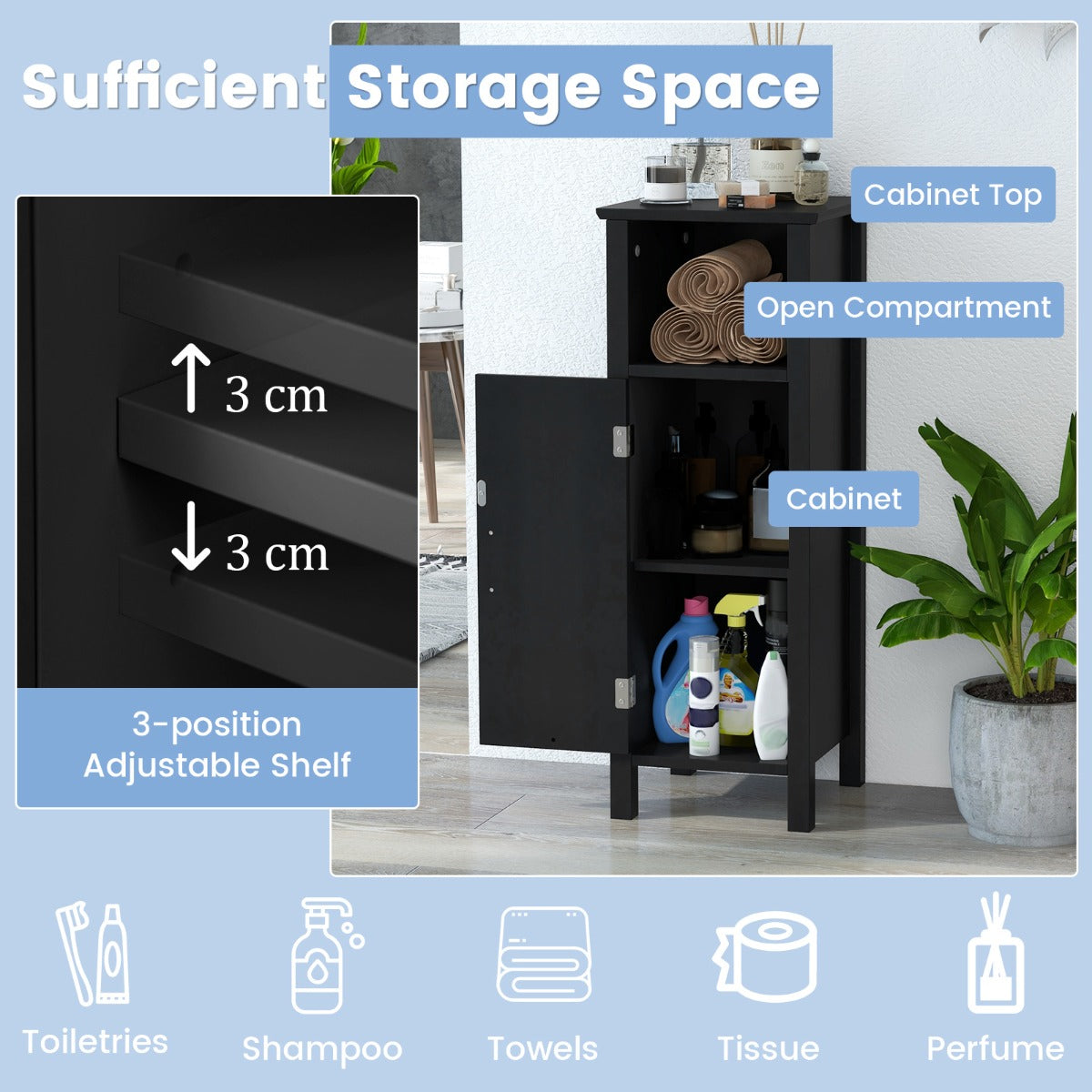 Freestanding Narrow Bathroom Storage Organizer Rack Stand with Door and Adjustable Shelf-Black