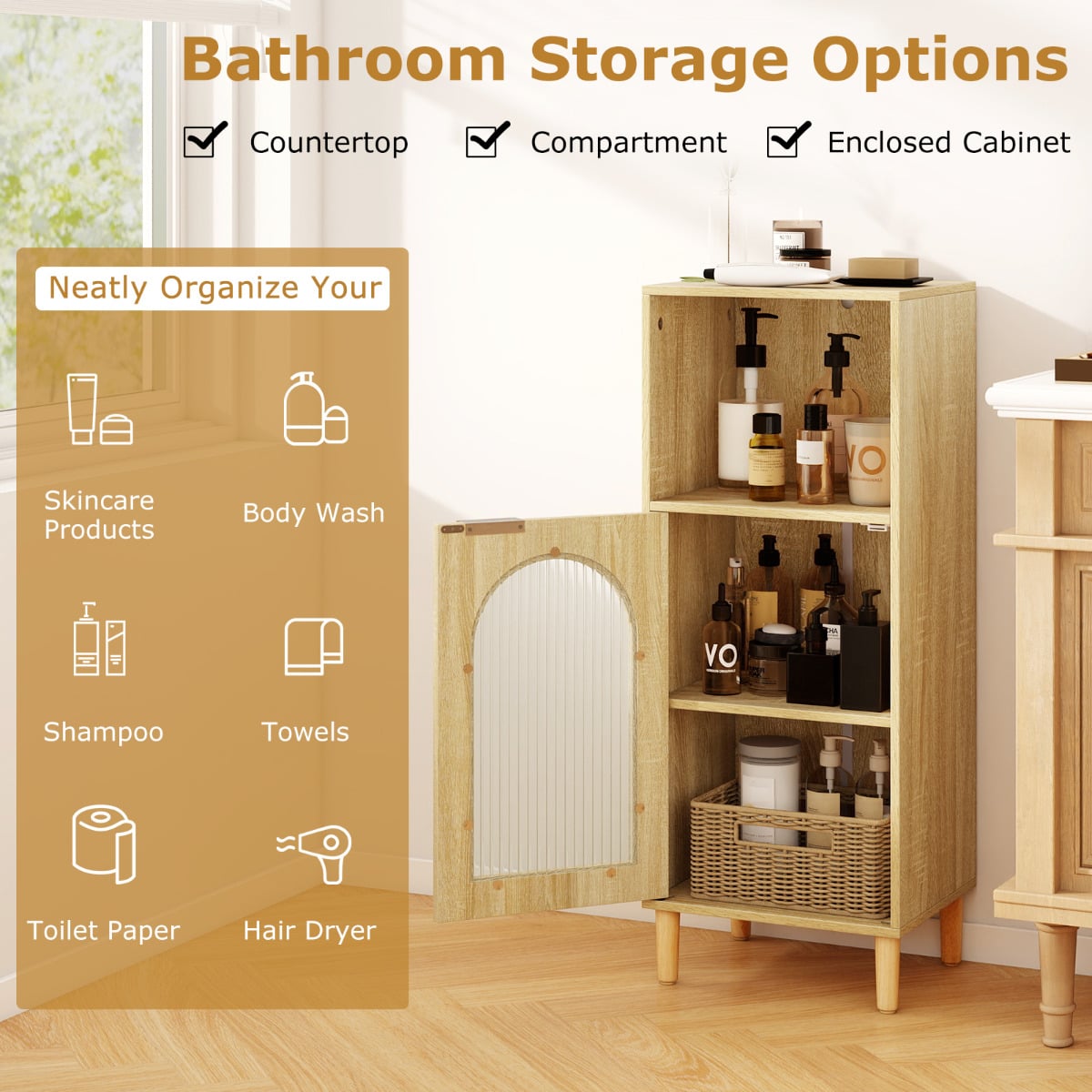 Bathroom Floor Cabinet with Adjustable Shelf for Hallway Living Room-Natural