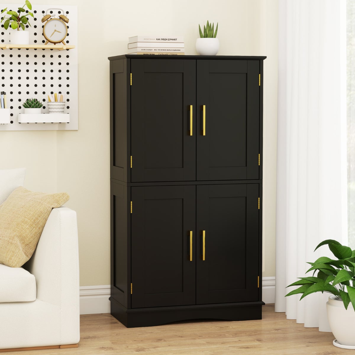 Bathroom Floor Storage Cabinet with 4 Doors and 2 Adjustable Shelves-Black