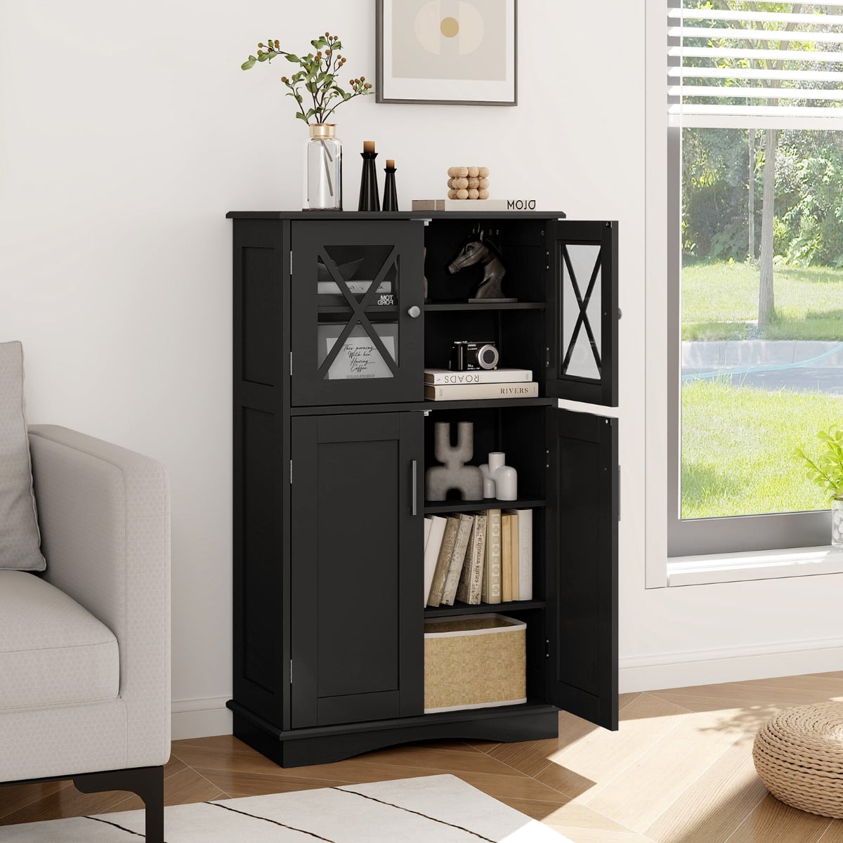 Bathroom Linen Storage Cabinet with Doors and Adjustable Shelves-Black