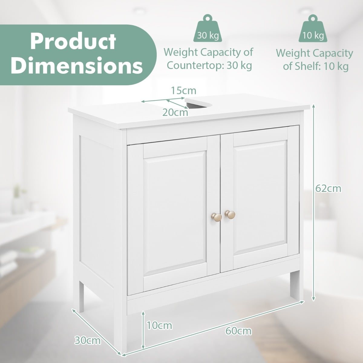 Under Freestanding Bathroom Vanity Sink Cabinet with 2 Doors-White