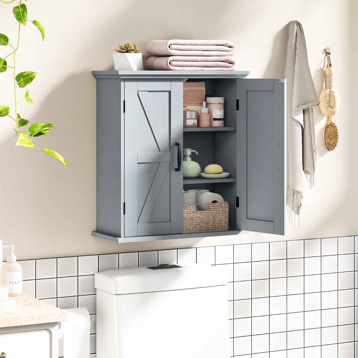 Bathroom Wall Cabinet with 2 Doors and Adjustable Shelves-Grey