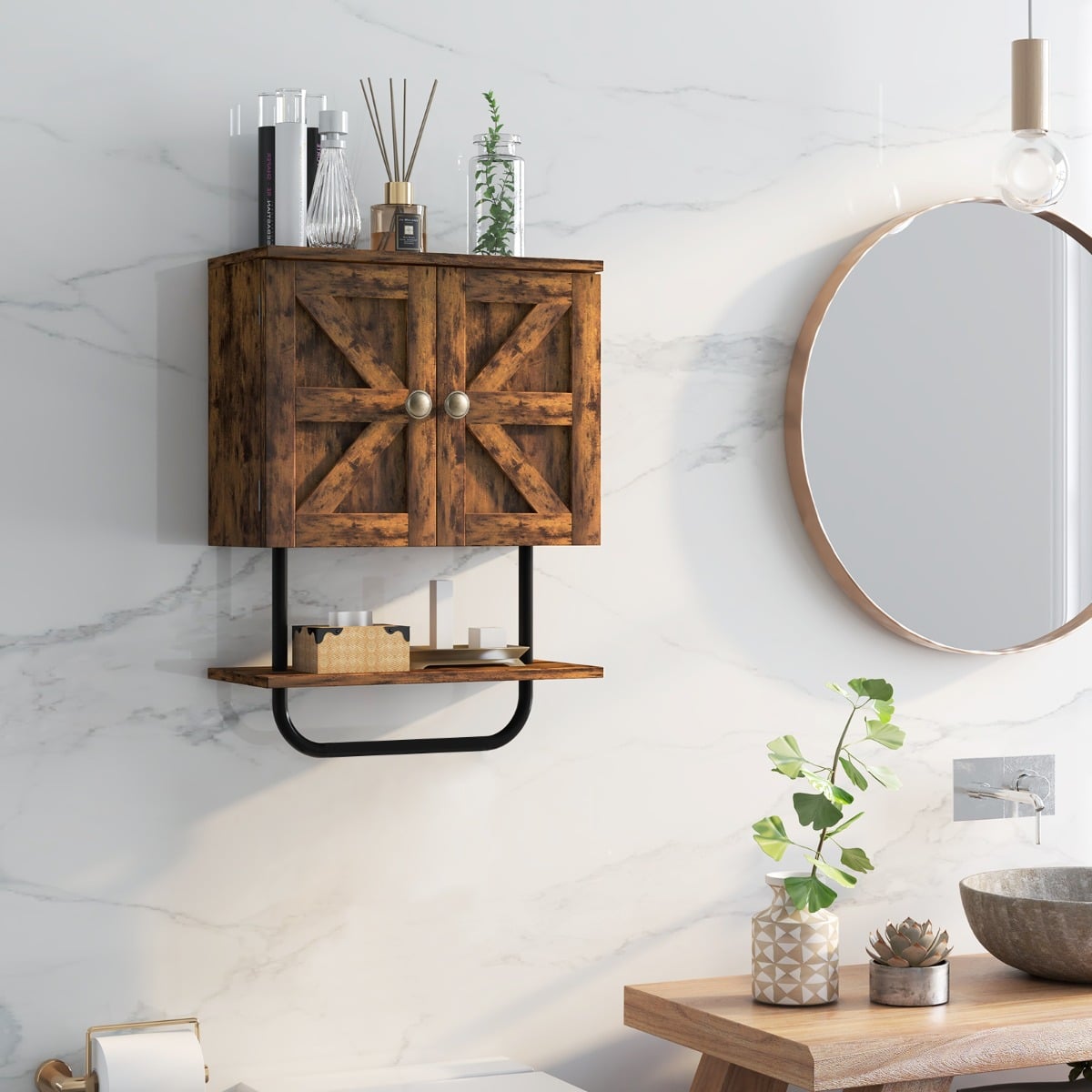 Bathroom Wall Cabinet with Double Door and Open Shelf and Towel Rack-Rustic Brown
