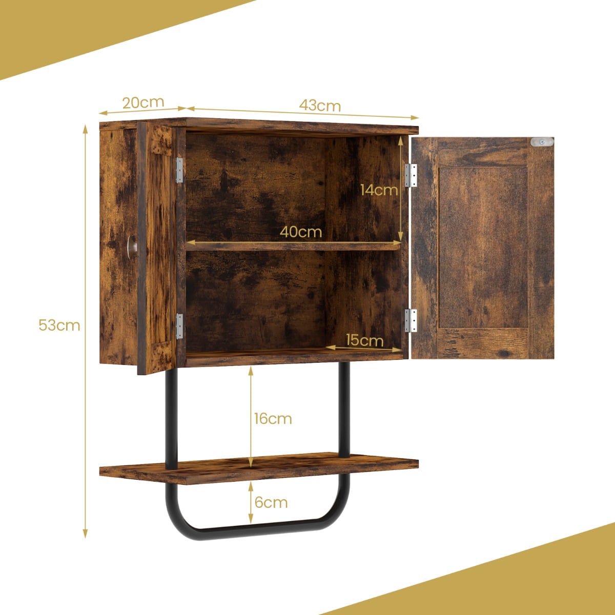 Bathroom Wall Cabinet with Double Door and Open Shelf and Towel Rack-Rustic Brown