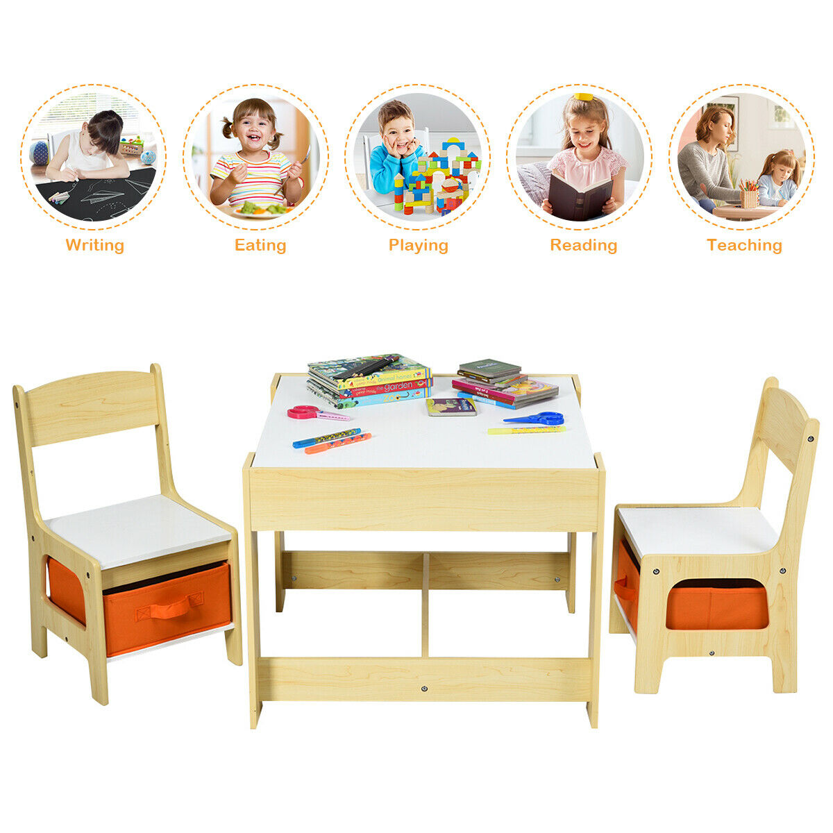Children's Table and Chair Set with Storage Boxes-Beige