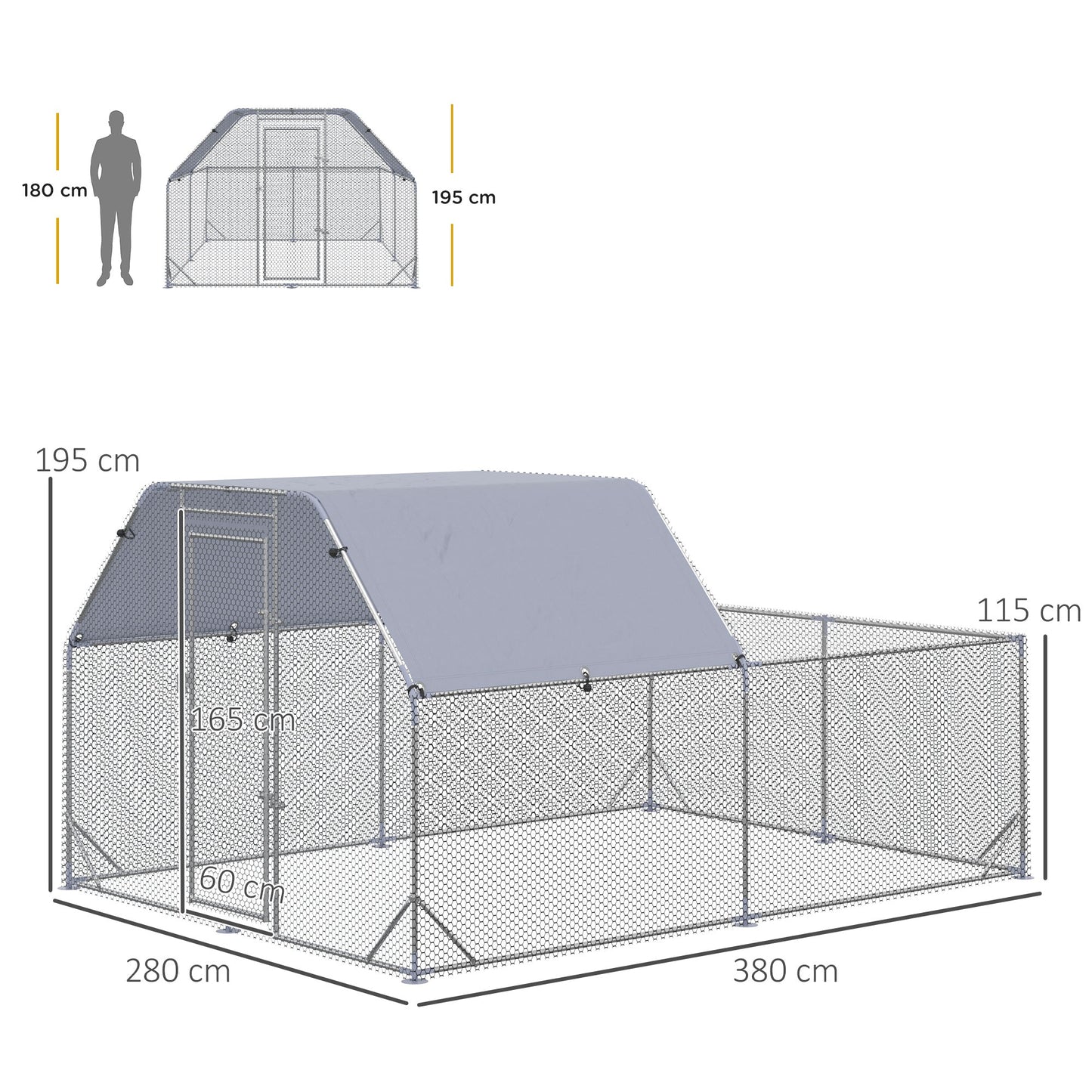 حظيرة دجاج PawHut Walk In Chicken Run مع سقف خارجي لـ 10-12 دجاجة، قن دجاج، قلم بط، 2.8 × 3.8 × 2 متر