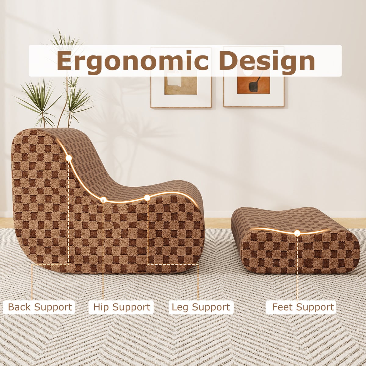 Bean Bag Chair with Ottoman Accent Lazy Sofa Chair Set-Brown