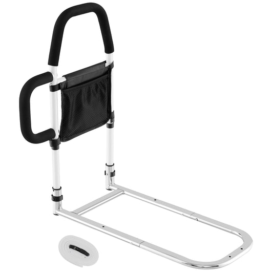 Bed Rail with Dual Handrail featuring a black mesh storage pocket and a white metal frame