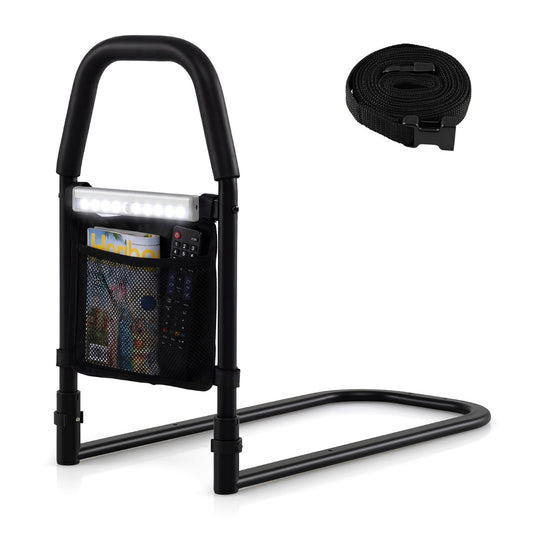 Bed Rails with Motion Sensor Light and Storage Pocket for Elderly Adults-Black, showing the bed rail with its storage pocket