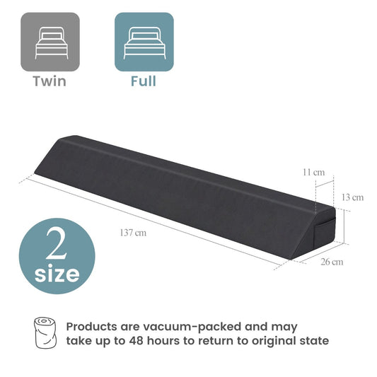 Bed Wedge Pillow with 2 Storage Pockets-Full Size showing dimensions and two size options