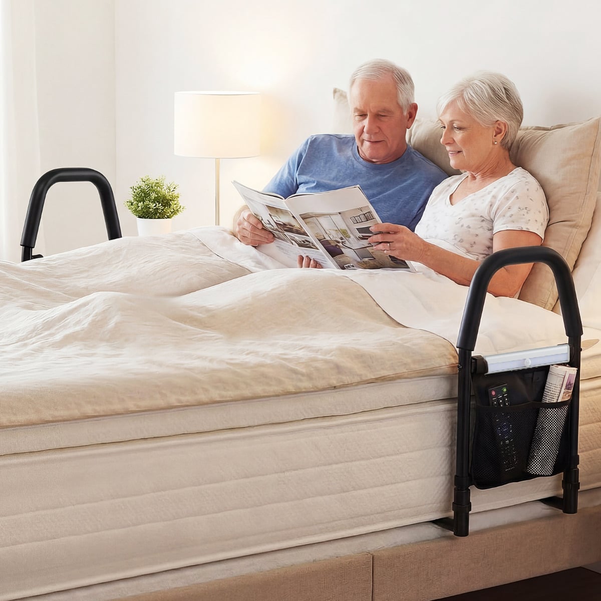 Bed Rails with Motion Sensor Light and Storage Pocket for Elderly Adults-Black