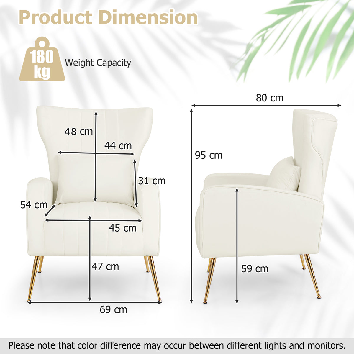 Dimension diagram for the cream velvet accent chair with gold legs