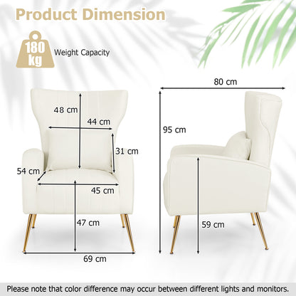 Dimension diagram for the cream velvet accent chair with gold legs