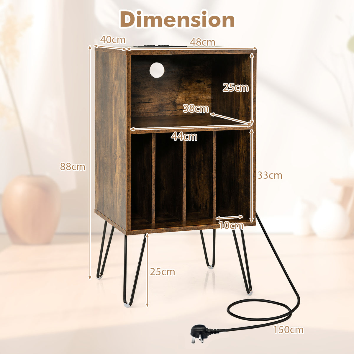 Dimension diagram for the record player stand with storage shelves