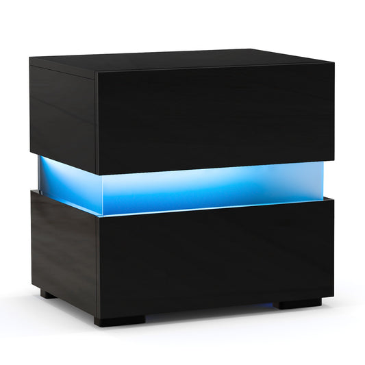 Bedside Table LED Nightstand with 2 Drawers in black with blue LED lighting