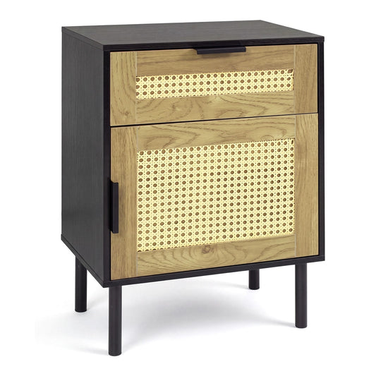Bedside Table with rattan-decorated storage drawer and door with metal legs
