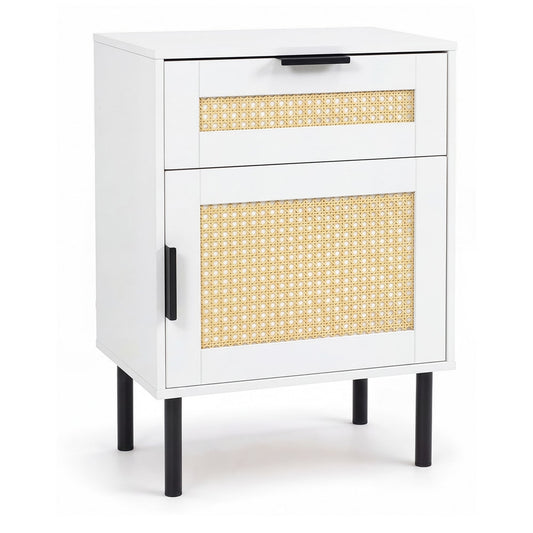 Bedside Table with rattan-decorated storage drawer and door metal legs in white