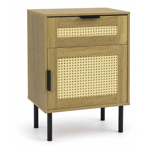 Bedside Table with a rattan-decorated storage drawer and door