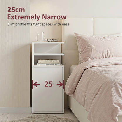 HOMCOM Slim Bedside Table Set of 2, Narrow Bedside Cabinet with Open Cubbies and Cupboard for Bedroom Living Room, White