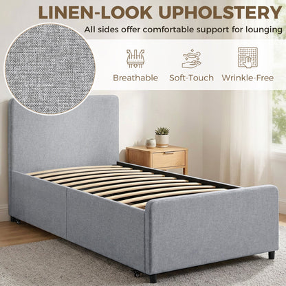 HOMCOM 3ft Single Bed Frame with Trundle, Upholstered Pull Out Trundle Bed with Headboard and Footboard, Light Grey