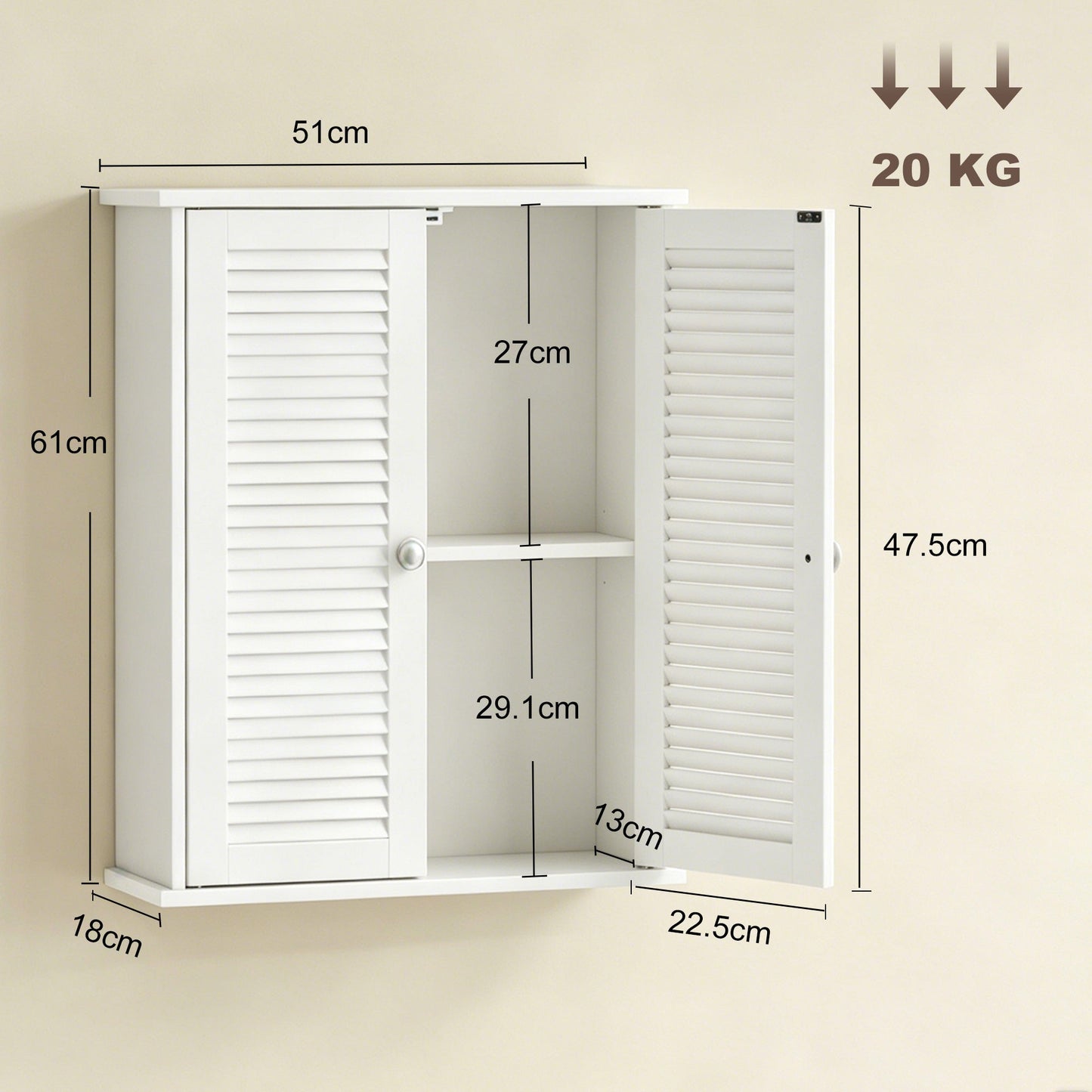 HOMCOM Bathroom Cabinet, Bathroom Wall Cabinet with Louvered Doors and Adjustable Shelf Storage for Kitchen, White