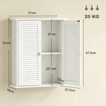 HOMCOM Bathroom Cabinet, Bathroom Wall Cabinet with Louvered Doors and Adjustable Shelf Storage for Kitchen, White