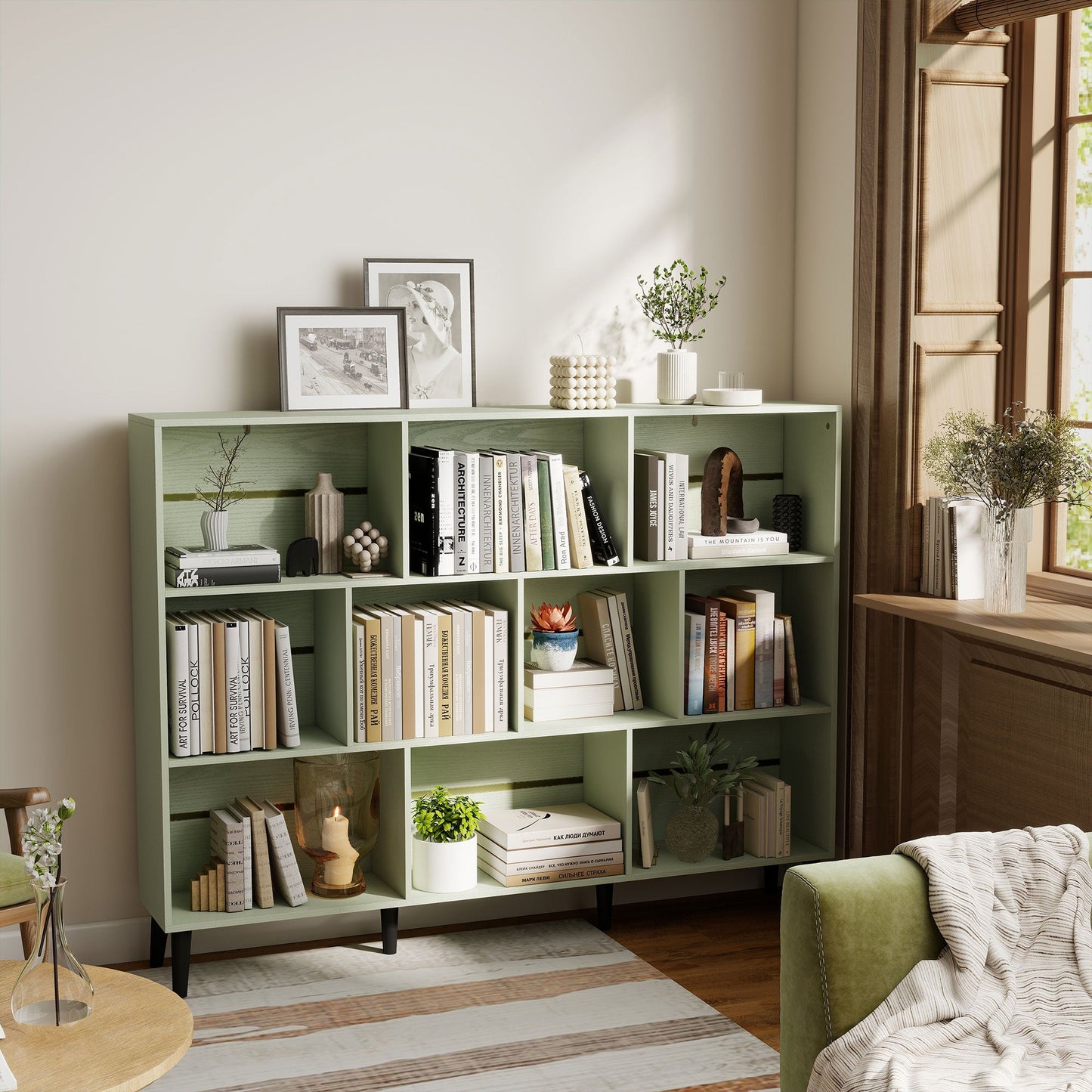 HOMCOM 10-Cube Bookcase, 3-Tier Book Shelf with Solid Wood Legs, 140 cm Modern Bookshelf with Anti-Tip Kit, Light Green