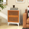 Boho Accent Table with 2 Handwoven Rattan Decorated Drawers-White