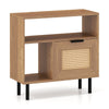 Boho Rattan Side End Table with Open Storage Shelf and Cabinet-Natural