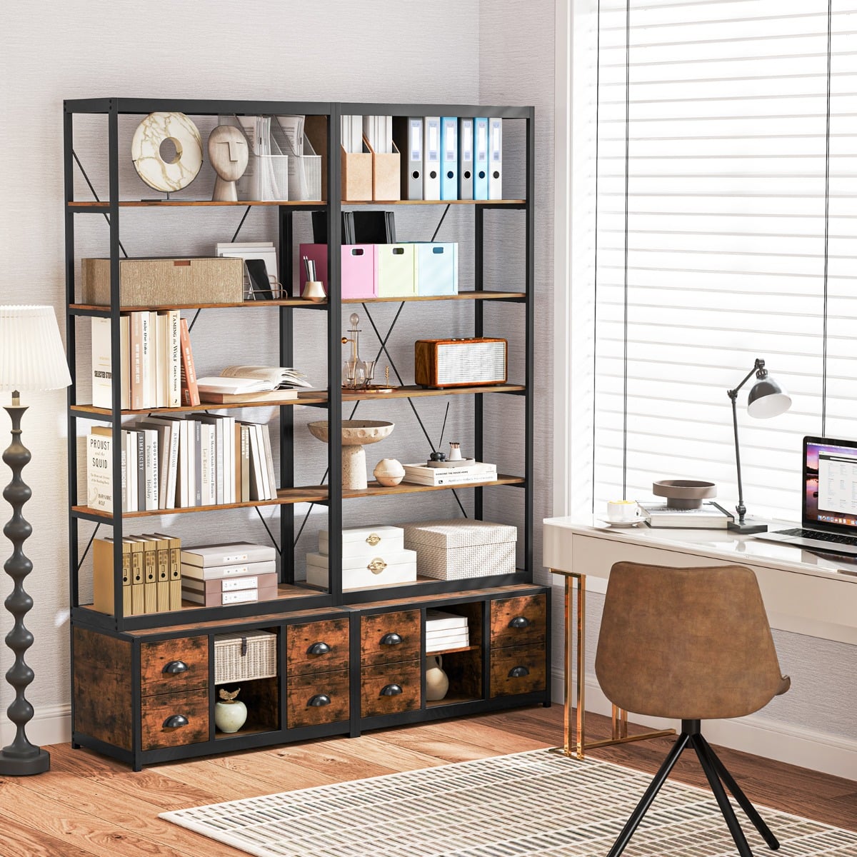 8-tier Bookshelf with Storage and 4 Fabric Drawers -Rustic Brown