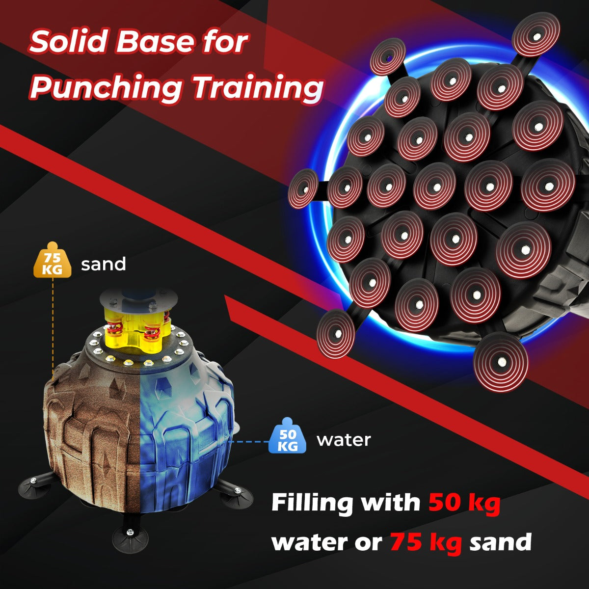 Diagram showing how to fill the base of the boxing bag with boxing gloves and suction cup base with water or sand