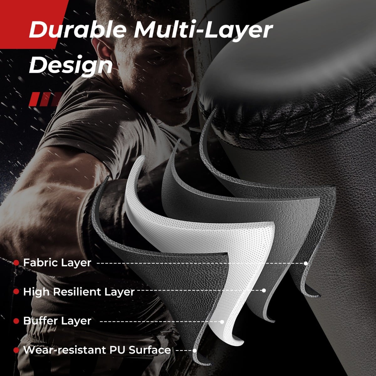 Layered diagram of the boxing bag with boxing gloves and suction cup base showing its durable multi-layer design