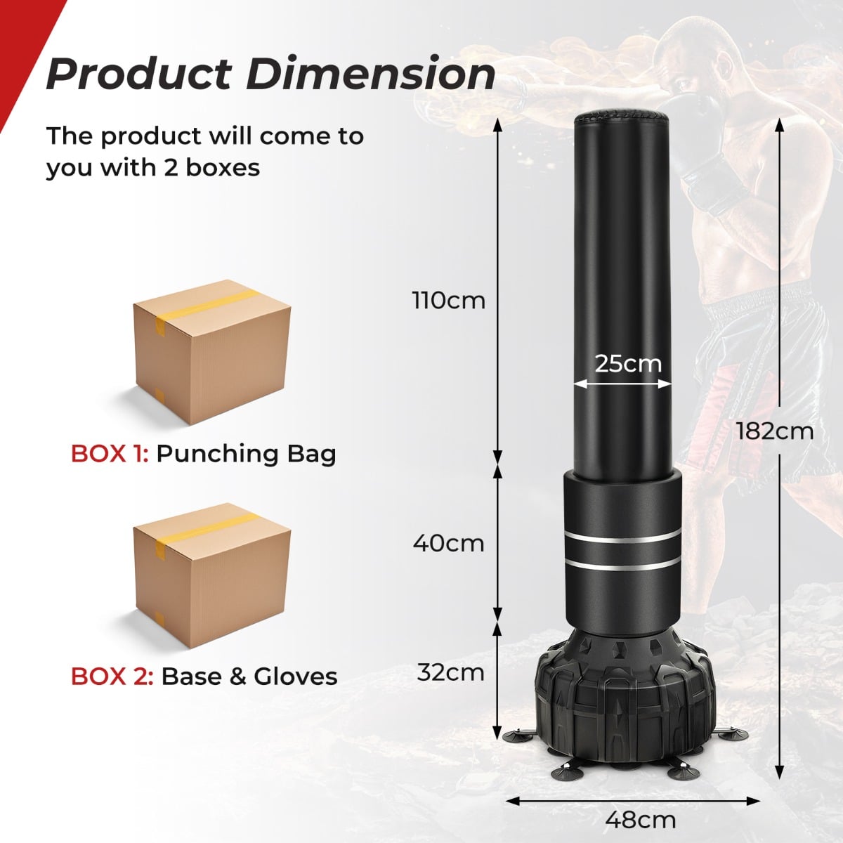 Product dimensions diagram showing the boxing bag with boxing gloves and suction cup base in two boxes
