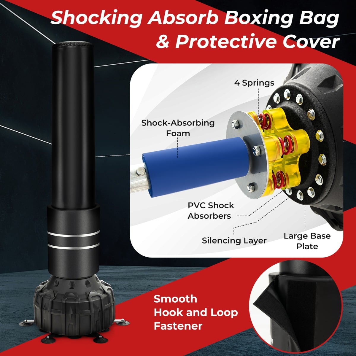 Close-up of the boxing bag with boxing gloves and suction cup base showing shock absorbers and fastener