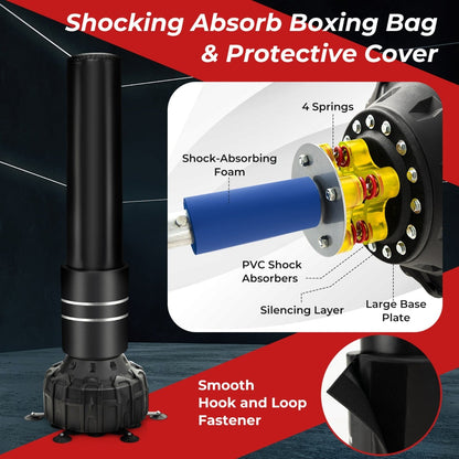 Close-up of the boxing bag with boxing gloves and suction cup base showing shock absorbers and fastener
