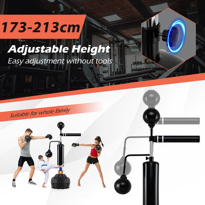 The adjustable height boxing speed trainer is shown with people of different ages training