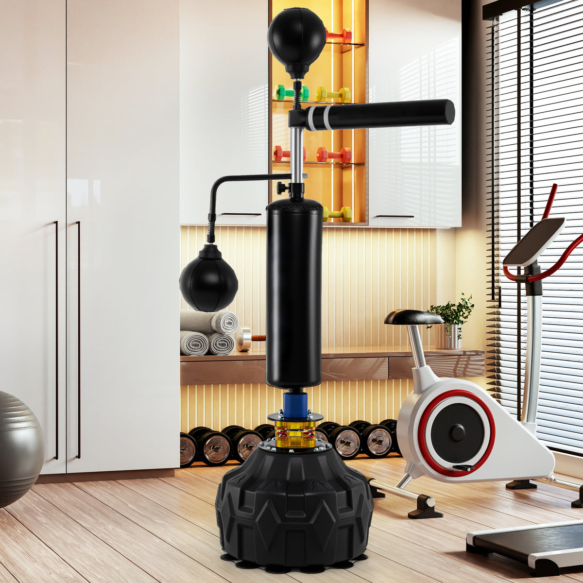 The boxing speed trainer is set up in a home gym with exercise equipment