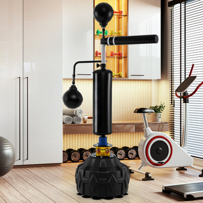 The boxing speed trainer is set up in a home gym with exercise equipment