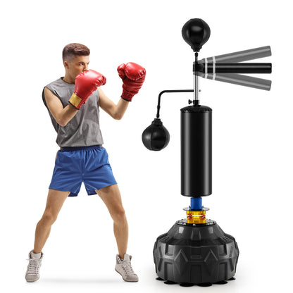 A man in boxing gloves and shorts trains with the freestanding boxing speed trainer