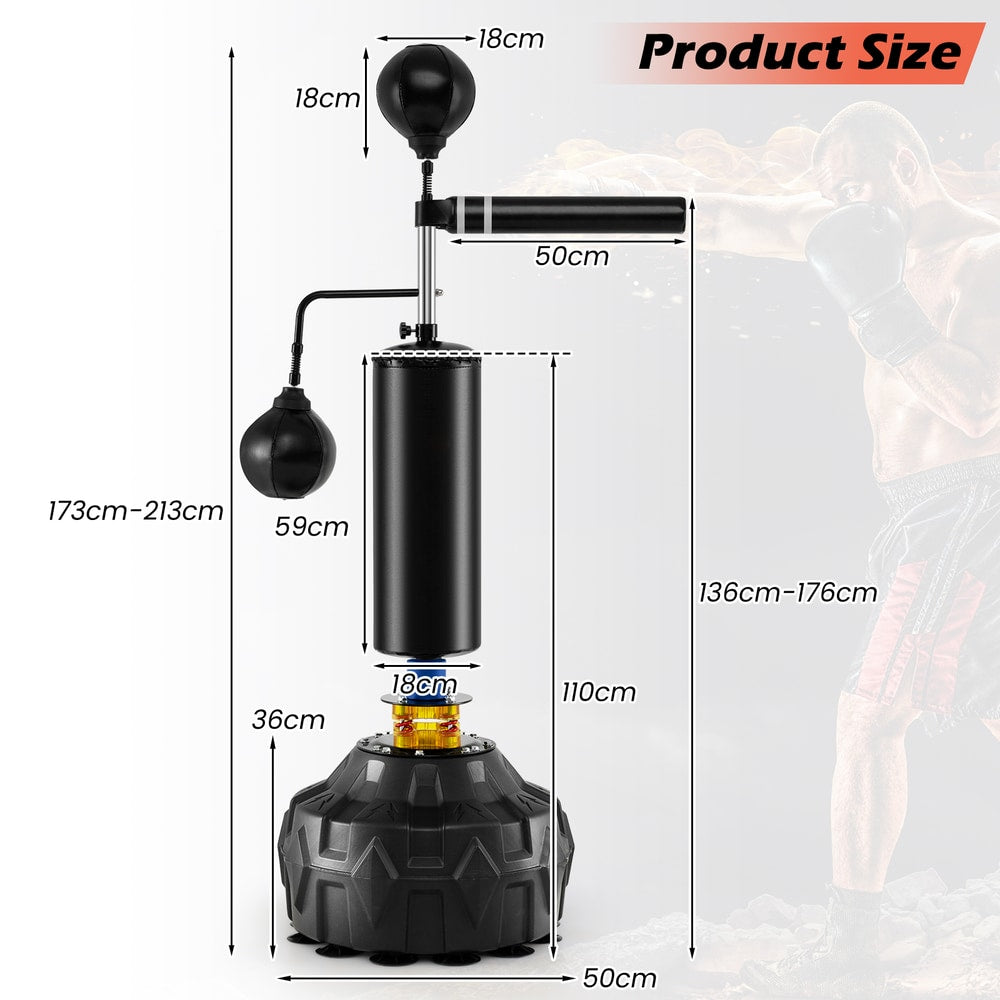 The boxing speed trainer has a diagram showing its dimensions and adjustable height