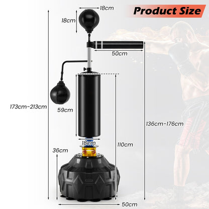 The boxing speed trainer has a diagram showing its dimensions and adjustable height