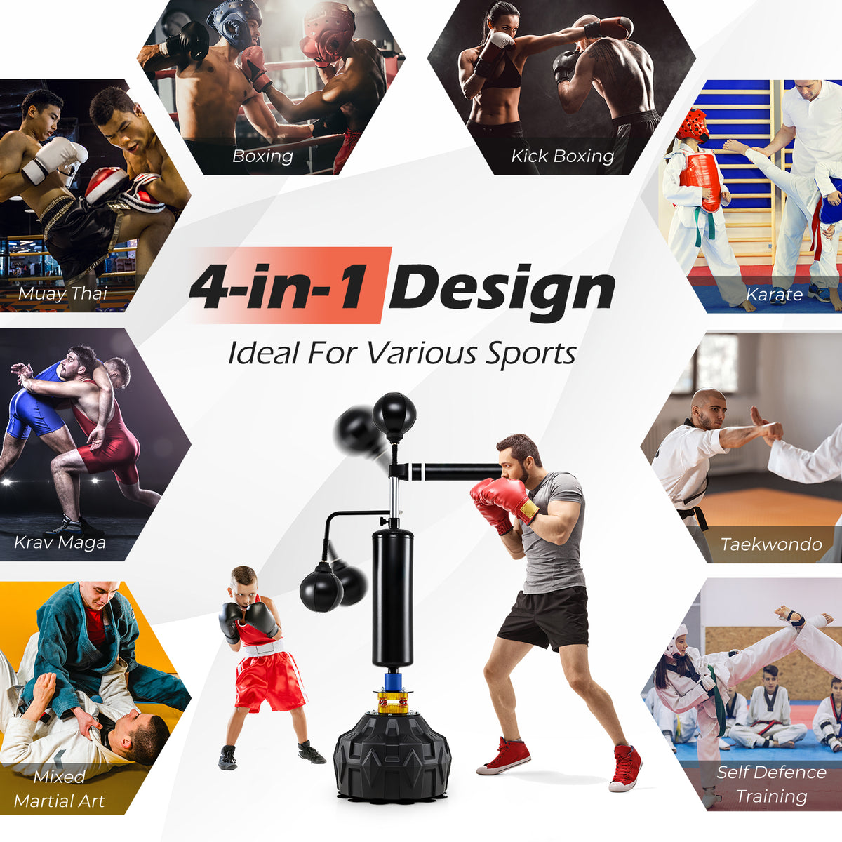 Collage of different combat sports including boxing, karate, and taekwondo