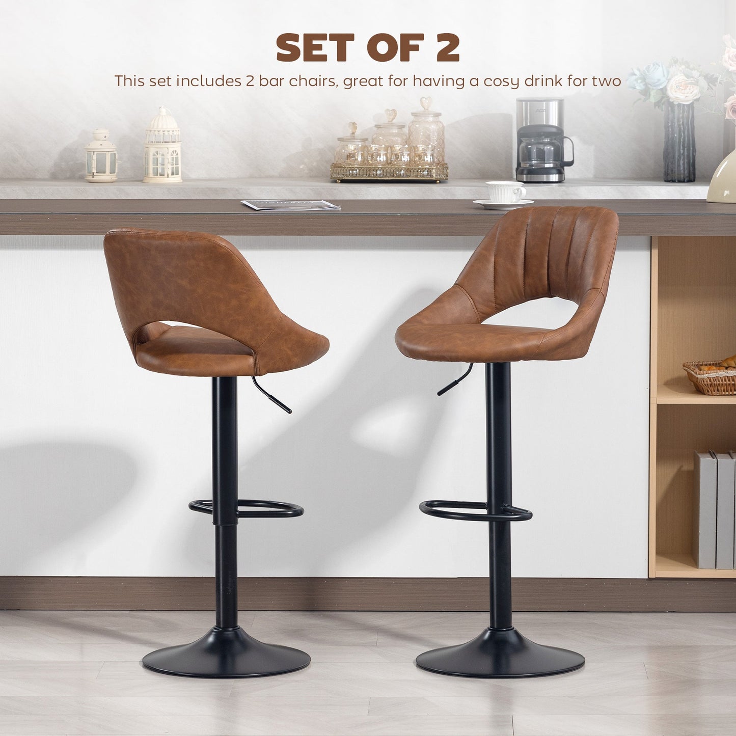 HOMCOM Bar Stools Set of 2, PU Leather Swivel Barstools with Backrest and Footrest for Kitchen, Counter, Breakfast Bar, Brown