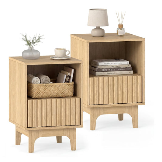 Brooklyn Fluted Modern Nightstand Set of 2 with Compartment shown as a pair with decor on top