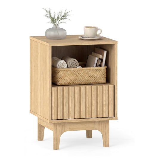Brooklyn Fluted Nightstand Modern Wooden Night Stand with open compartment in natural wood finish