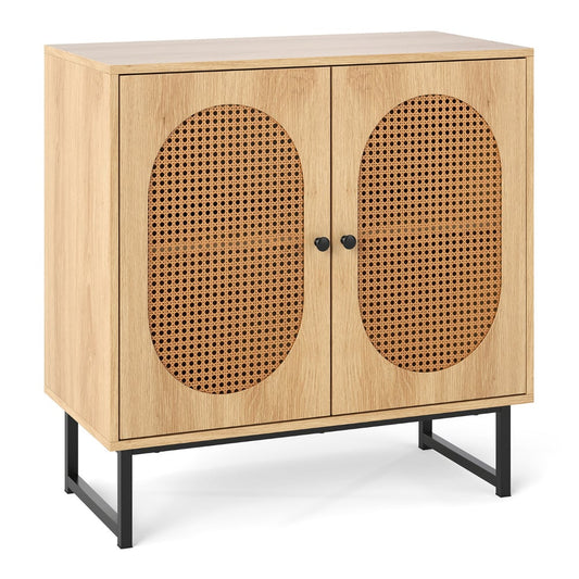 Buffet Cabinet Rattan Storage Cabinet Boho Sideboard-Natural with two doors and black handles