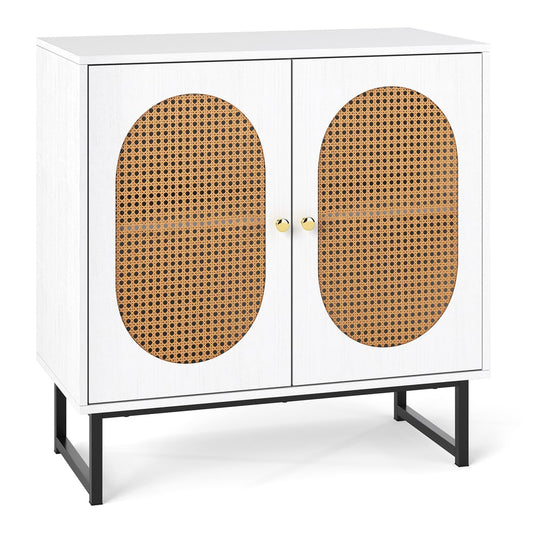 Buffet Cabinet with white frame and two rattan doors with gold handles