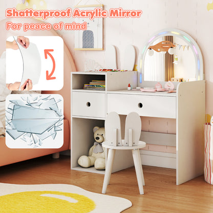 Bunny Kids Vanity Table and Chair Set with Lighted Mirror-White