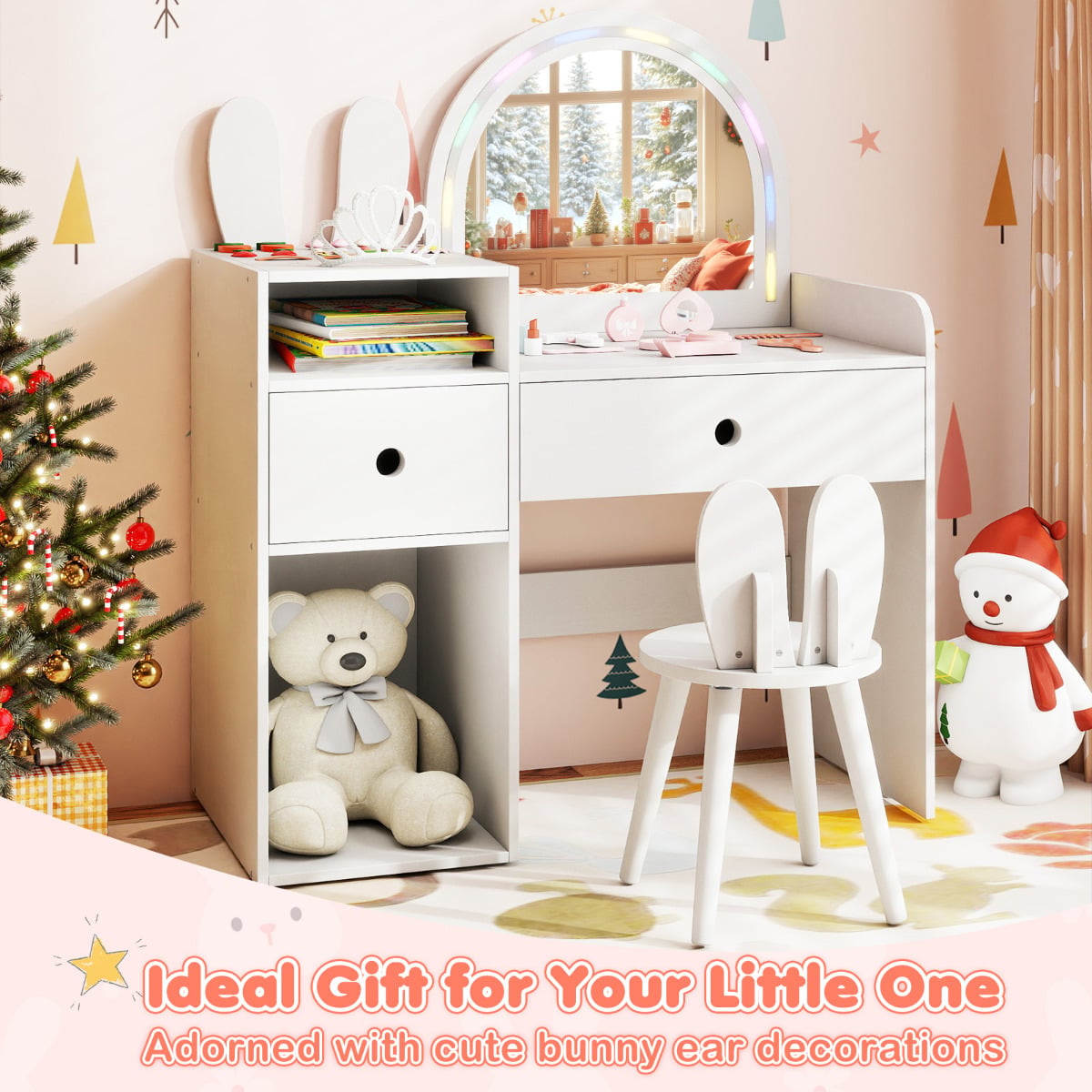 Bunny Kids Vanity Table and Chair Set with Lighted Mirror-White