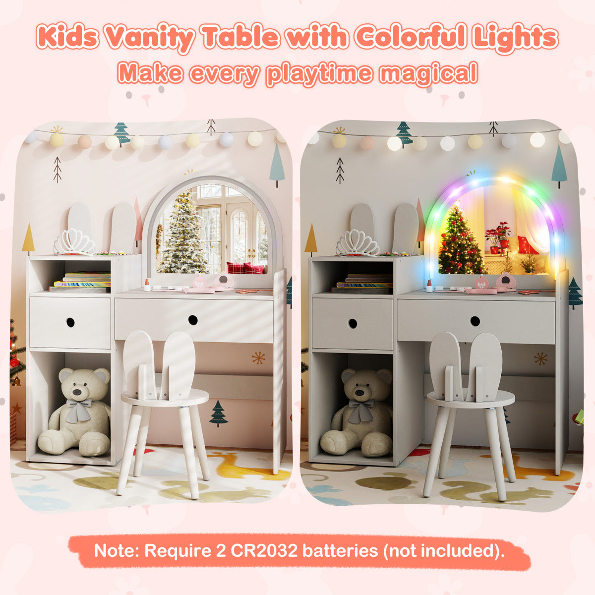 Bunny Kids Vanity Table and Chair Set with Lighted Mirror-White